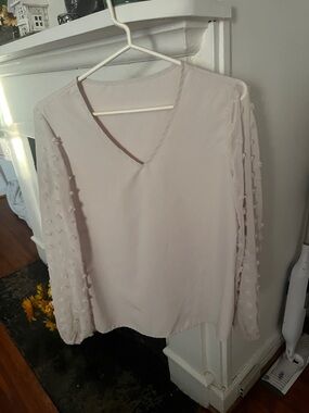 SHEIN Pale Blush V-Neck Blouse with Textured Dot Sleeves